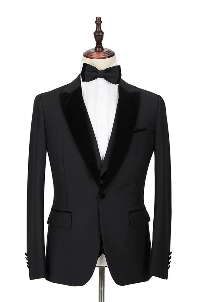 Classic Black 2 Piece Velvet Peak Lapel Wedding Suit For Men-BallBride