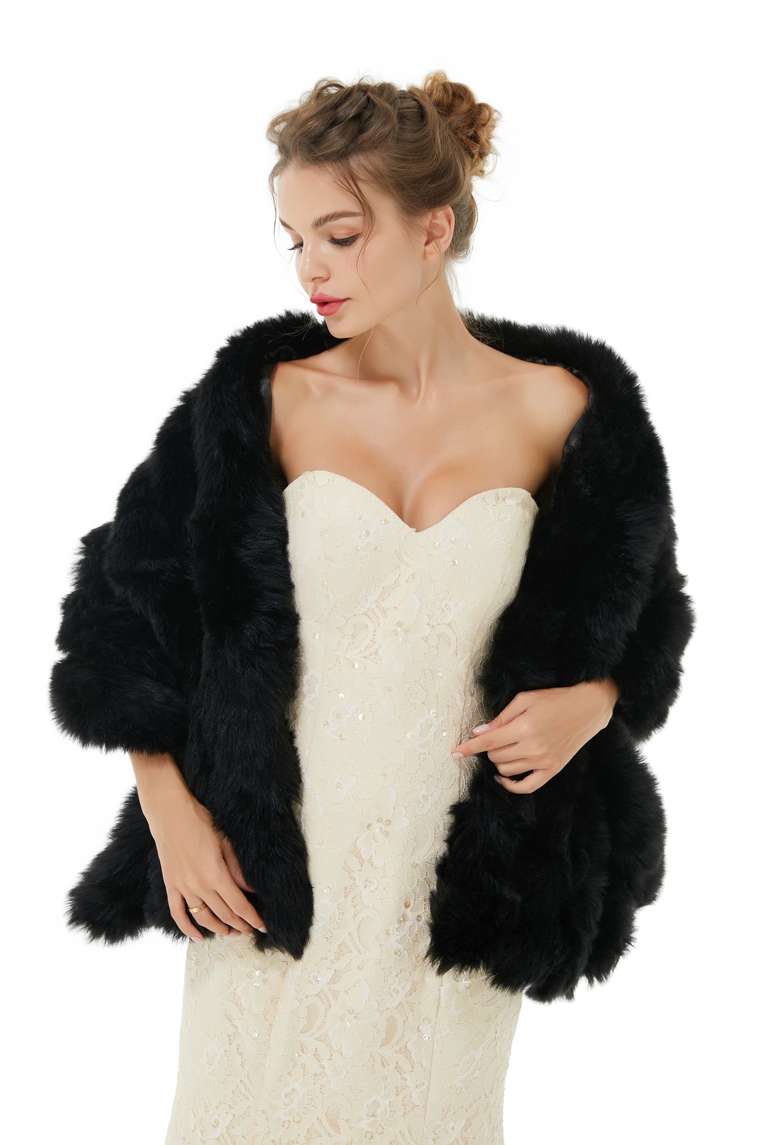 Classic Black Faux Fur Wrap for Women Wedding Shawl-BallBride