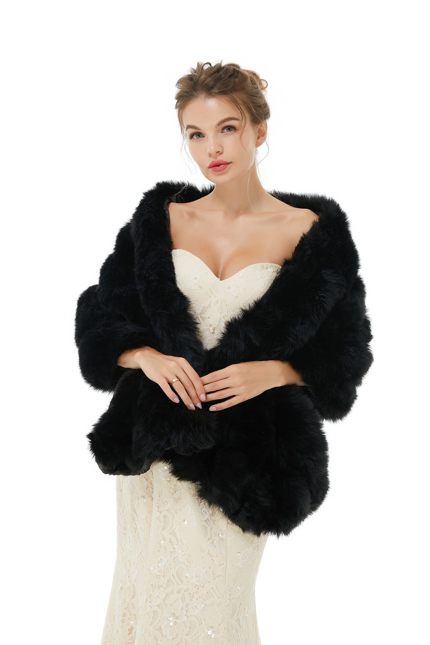 Classic Black Faux Fur Wrap for Women Wedding Shawl-BallBride
