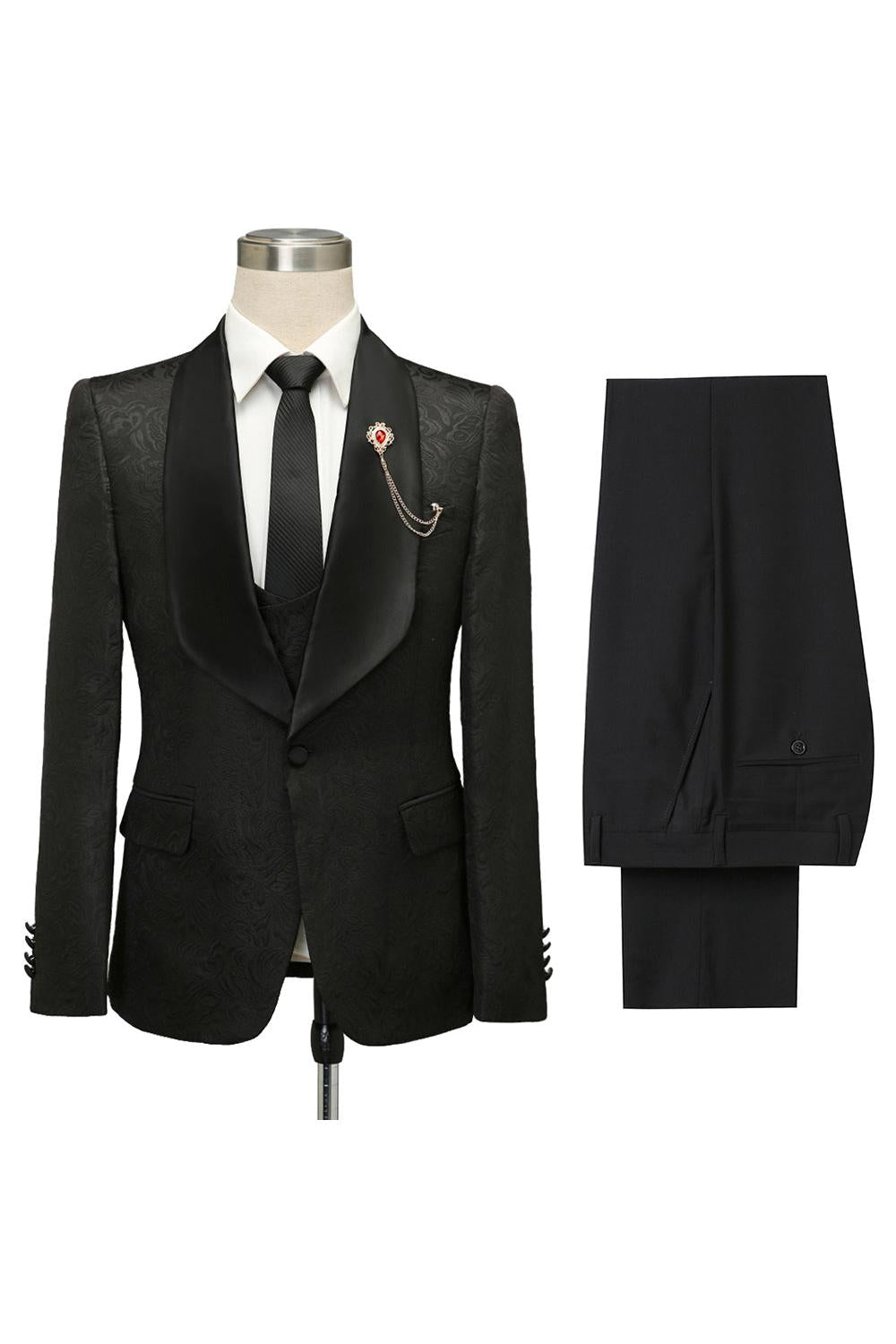 Classic Black Jacquard Shawl Lapel Wedding Suit For Men-BallBride