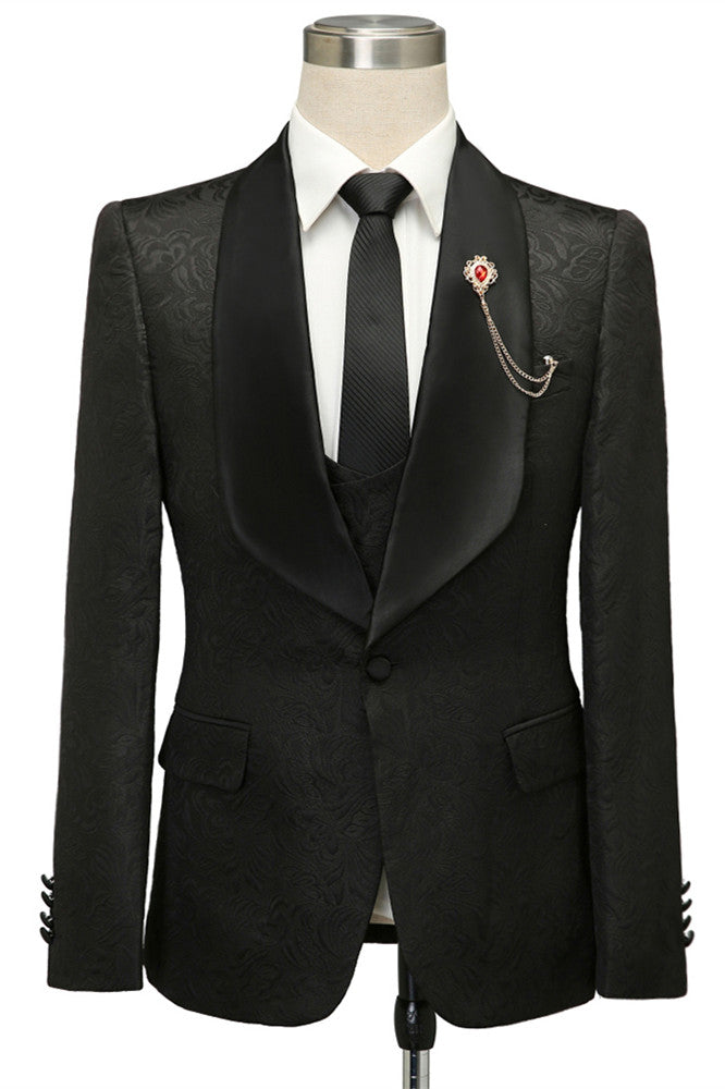 Classic Black Jacquard Shawl Lapel Wedding Suit For Men-BallBride