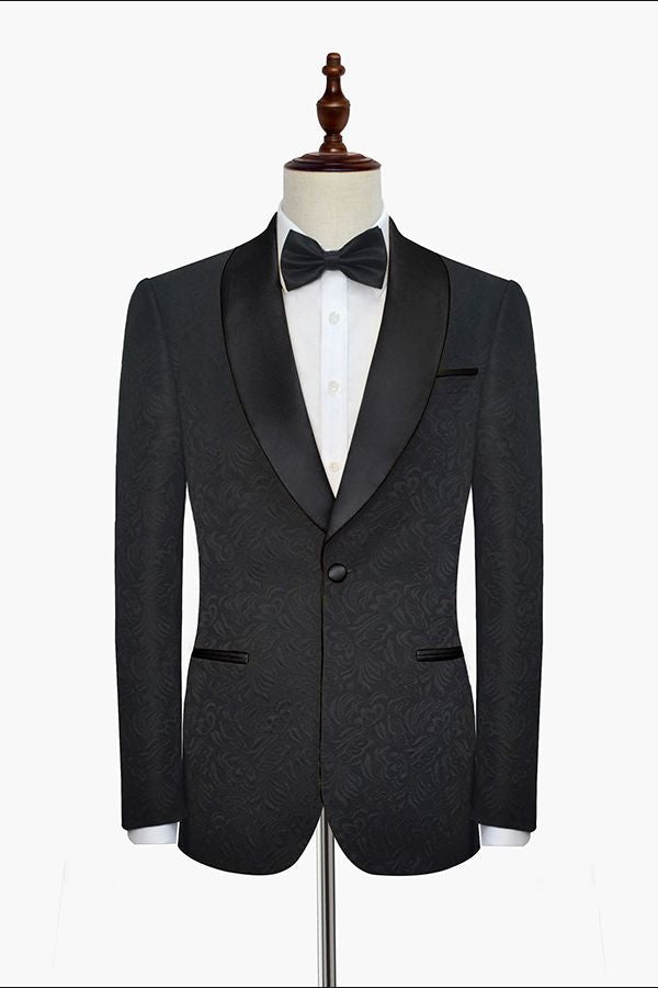 Classic Black Jacquard Tuxedo for Men | Shawl Lapel Silk One Button Wedding Suits-BallBride