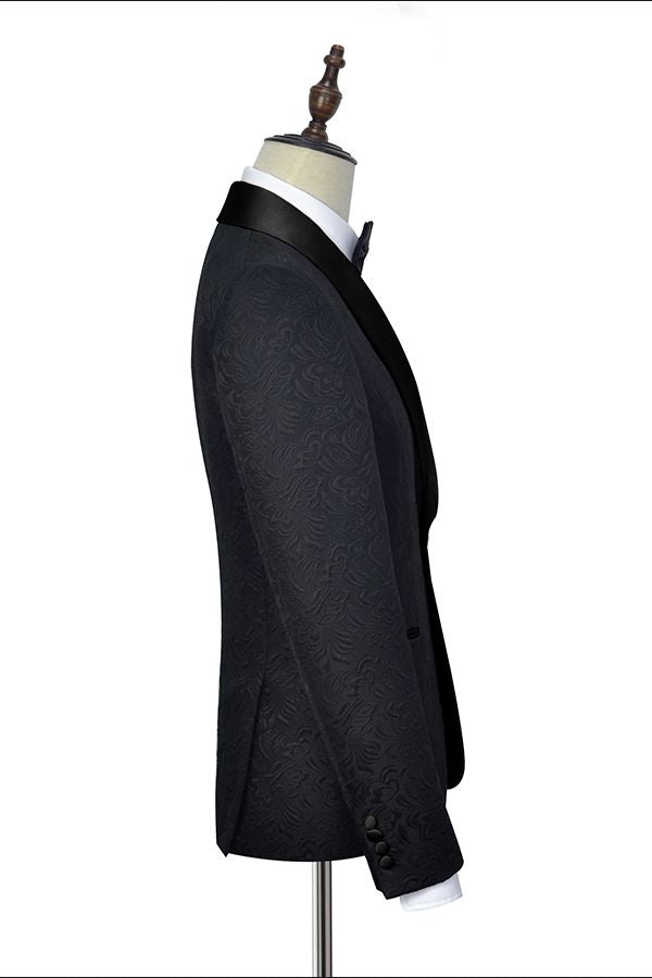 Classic Black Jacquard Tuxedo for Men | Shawl Lapel Silk One Button Wedding Suits-BallBride