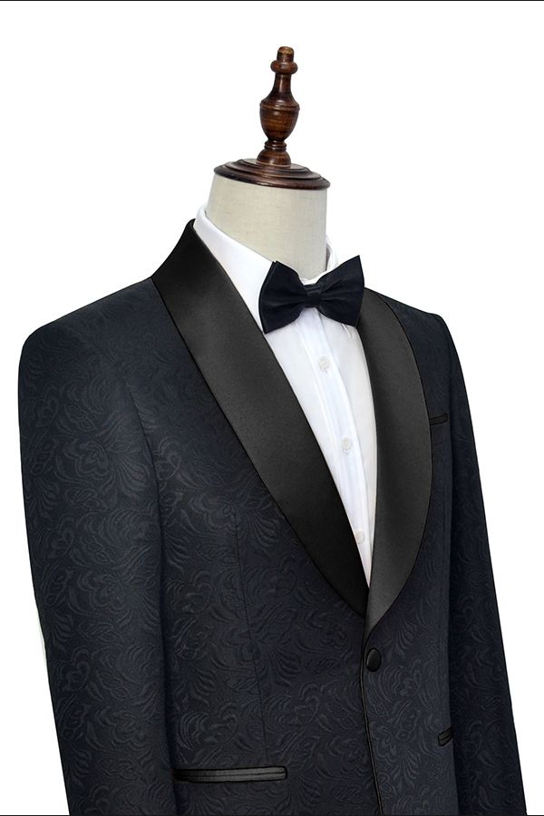 Classic Black Jacquard Tuxedo for Men | Shawl Lapel Silk One Button Wedding Suits-BallBride