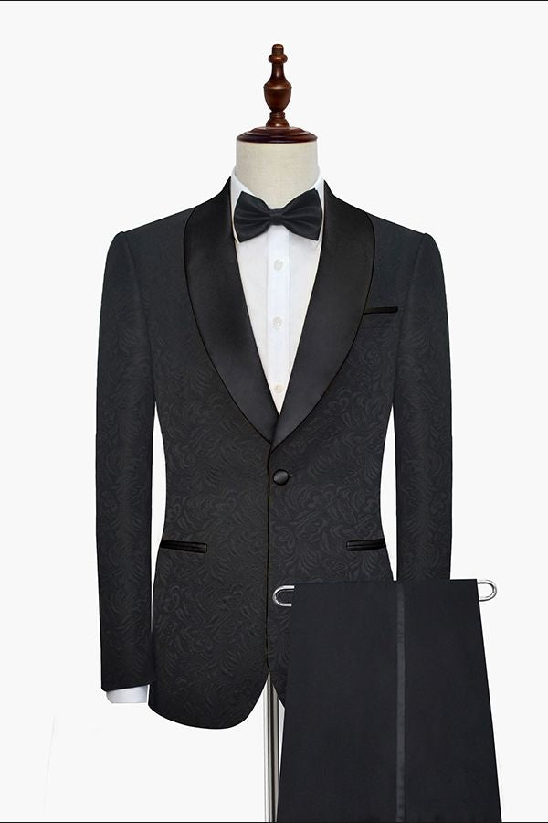 Classic Black Jacquard Tuxedo for Men | Shawl Lapel Silk One Button Wedding Suits-BallBride