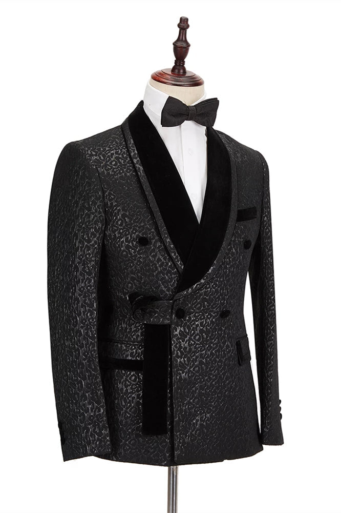 Classic Black Jacquard Velvet Lapel Belt Leopard Double Breasted Bazer for Groom-BallBride
