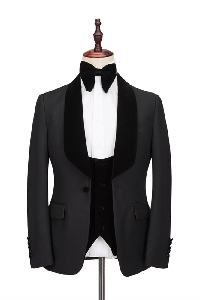 Classic Black One Button Tailcoat with Stitched Velvet Shawl Lapel for Men's Formal Wedding Suits Online-BallBride