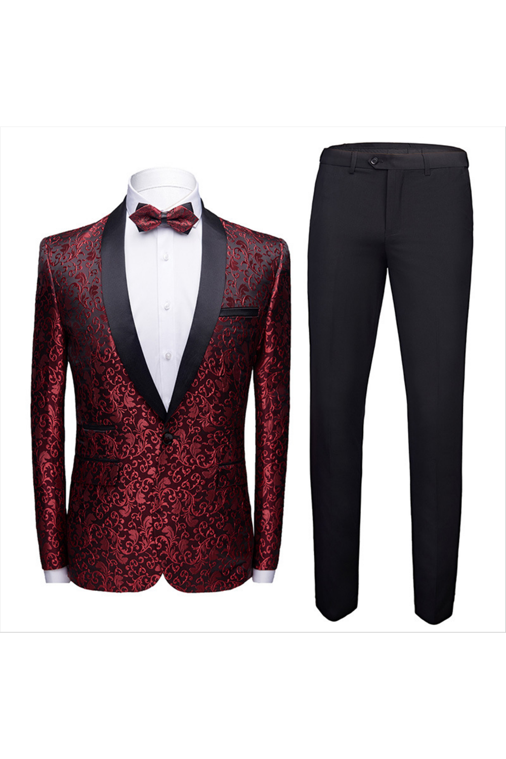 Classic Burgundy Jacquard Shawl Lapel Wedding Tuxedos with Black Satin-BallBride