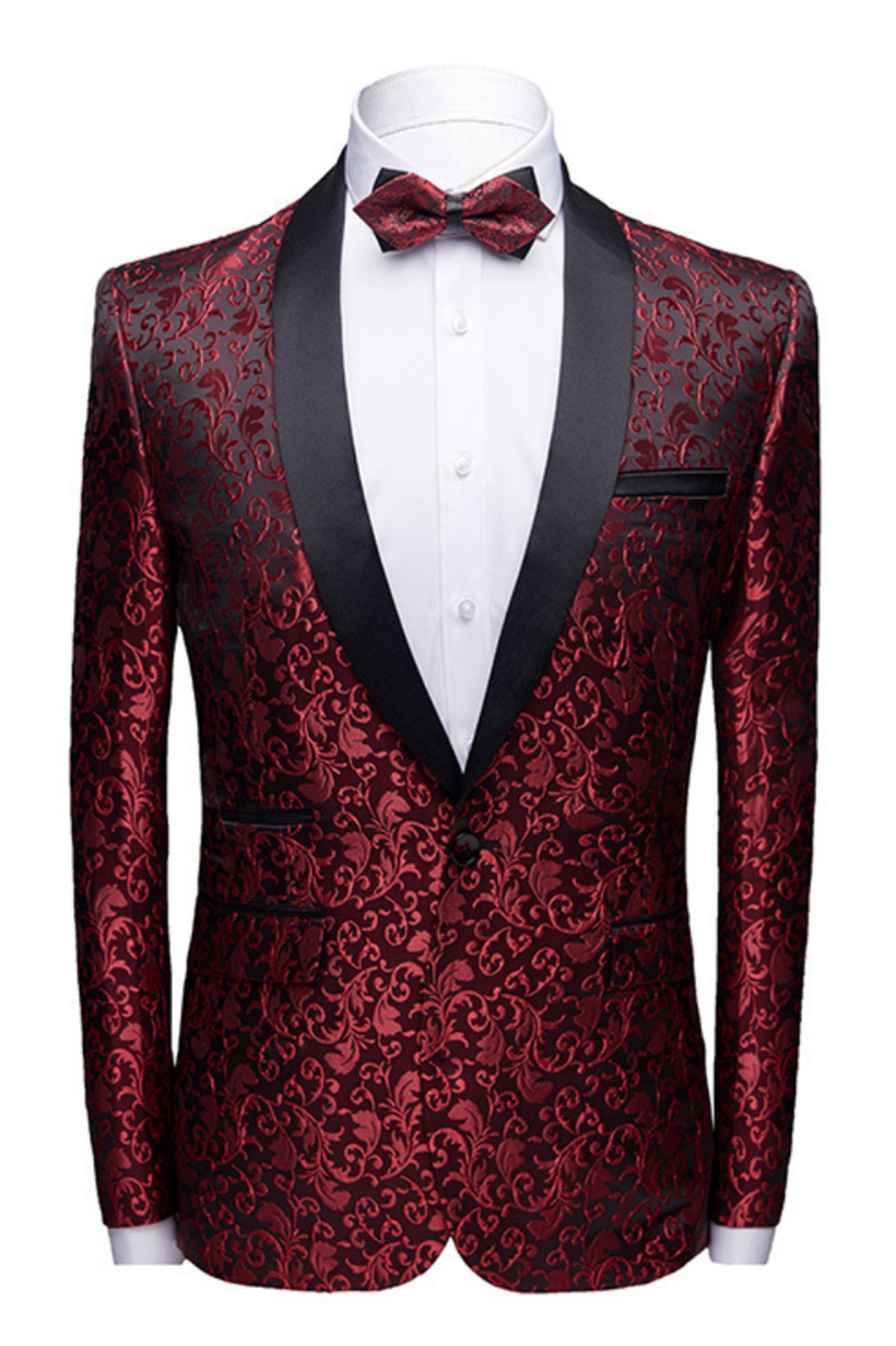 Classic Burgundy Jacquard Shawl Lapel Wedding Tuxedos with Black Satin-BallBride