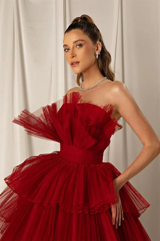 Classic Burgundy Strapless Long Evening Dress Tulle Layered Online-BallBride