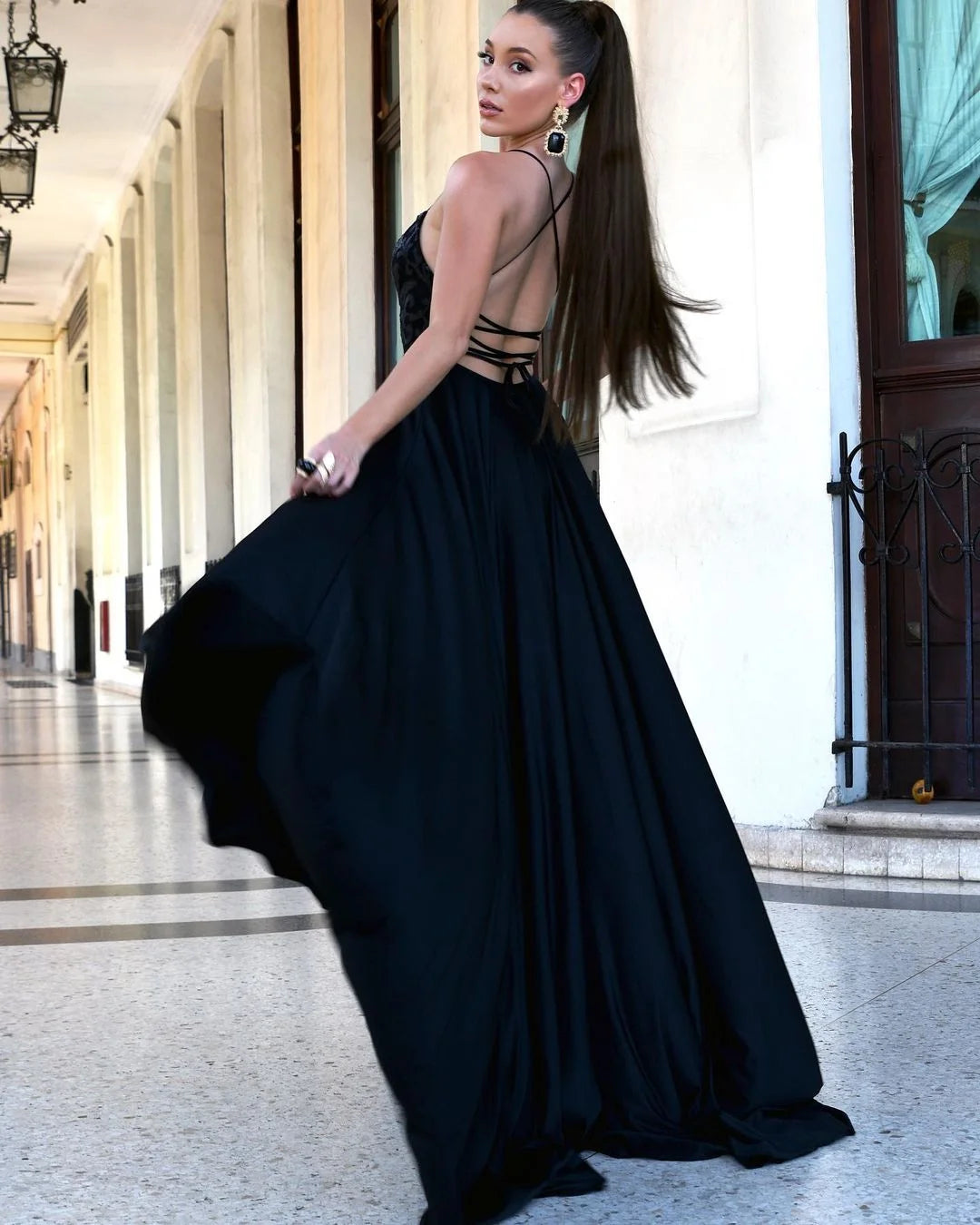 Classic Dark Navy Spaghetti-Straps Evening Dress Long With Slit-BallBride