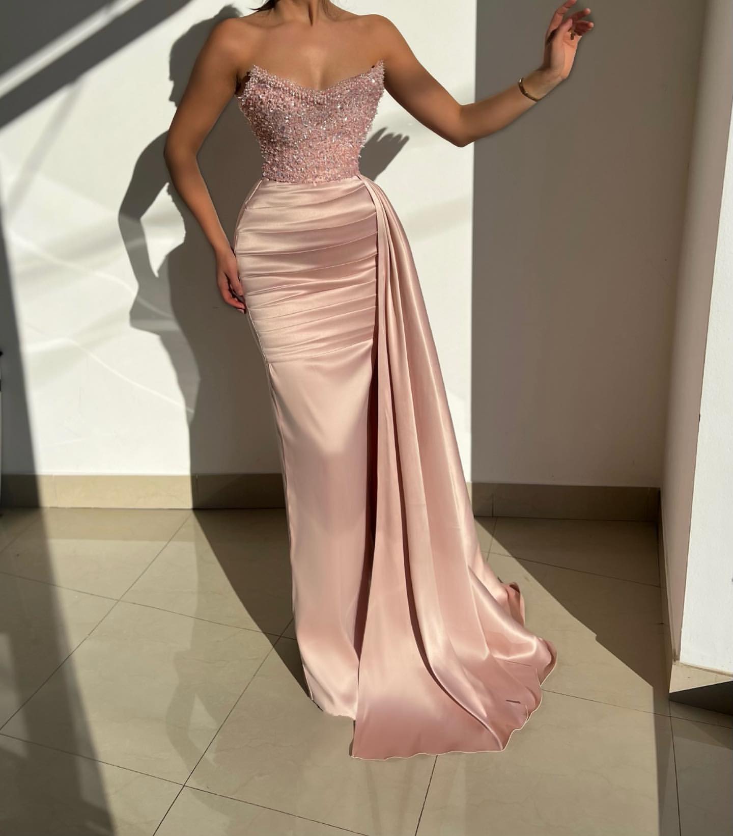 Classic Dusty Pink Mermaid Prom Dress With Long Ruffle and Sequins-BallBride