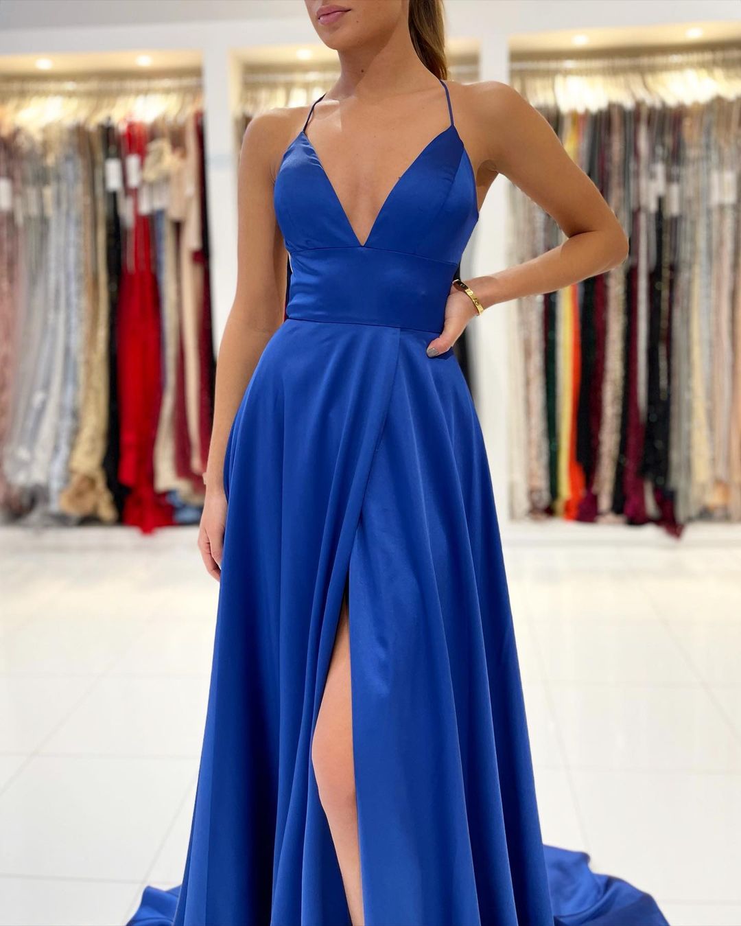 Classic Halter V-Neck Royal Blue Evening Gowns with Long Split String Back-BallBride