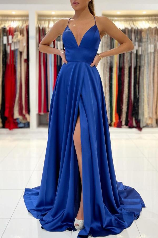 Classic Halter V-Neck Royal Blue Evening Gowns with Long Split String Back-BallBride