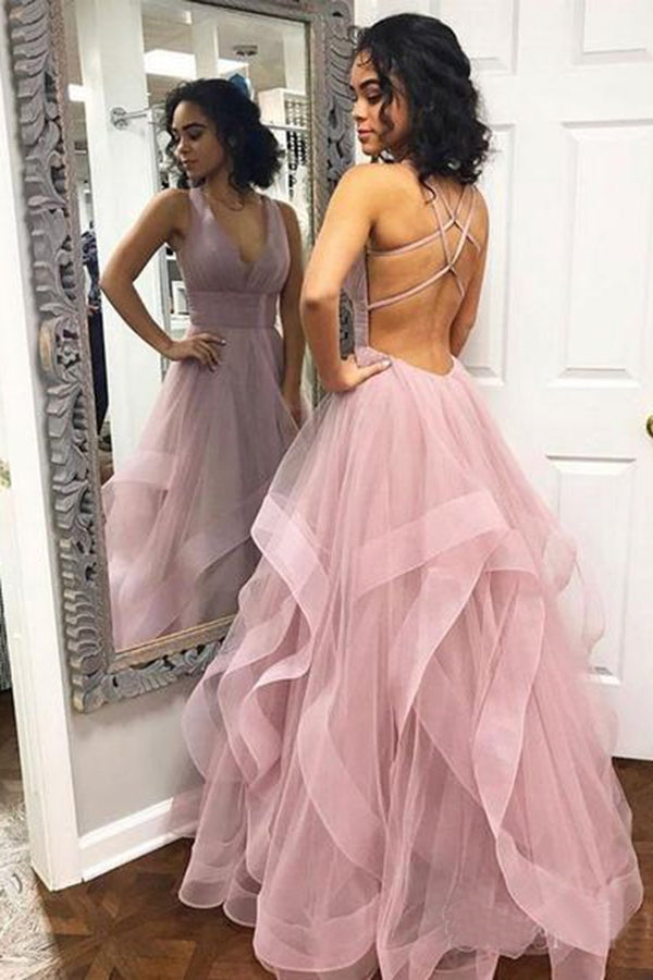 Classic Halter V-Neck Sleeveless Prom Dress with Tulle Ruffles-BallBride