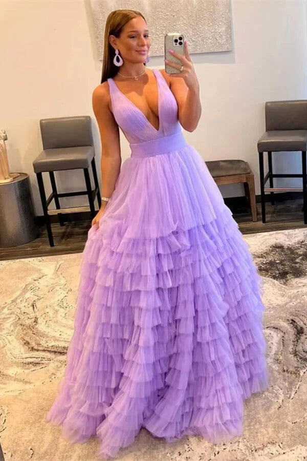 Classic Lilac V-Neck Sleeveless Tulle Evening Party Gowns Long Online-BallBride