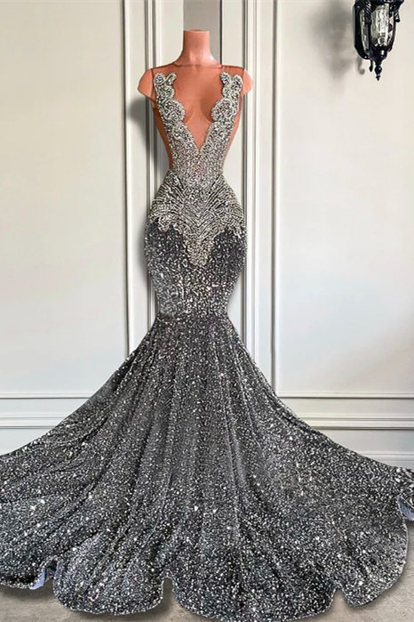 Classic Long Mermaid V-neck Sequins Lace Sleeveless Formal Prom Dresses-BallBride
