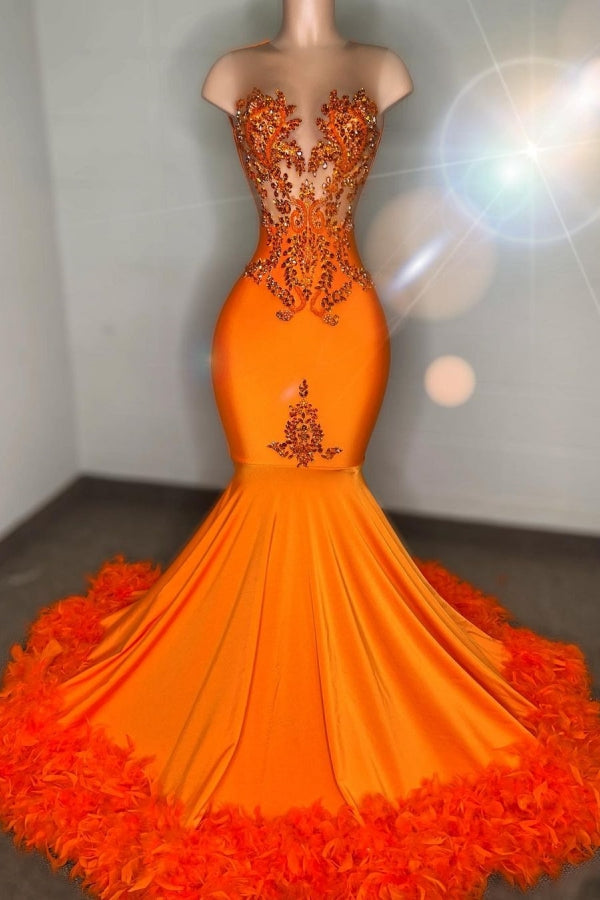 Classic Orange Long Mermaid Sweetheart Satin Lace Prom Dresses-BallBride