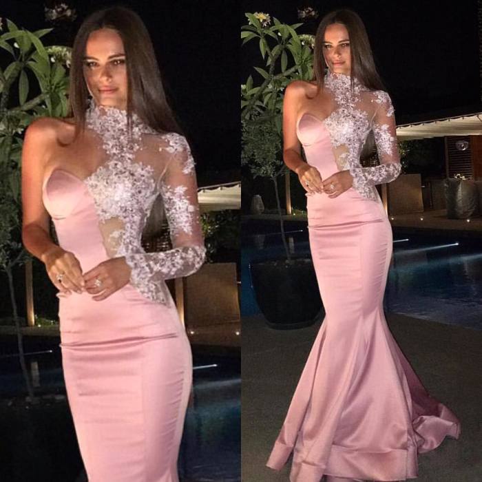 Classic Pink Long Sleeve One Shoulder Evening Dress Mermaid Lace Evening Gown-BallBride