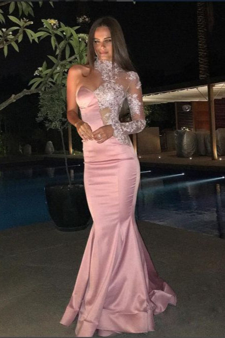 Classic Pink Long Sleeve One Shoulder Evening Dress Mermaid Lace Evening Gown-BallBride