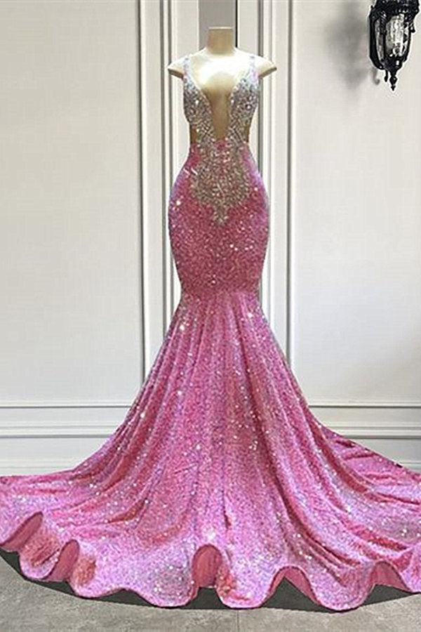 Classic Pink Mermaid Prom Dress with Sequins and Crystals-BallBride