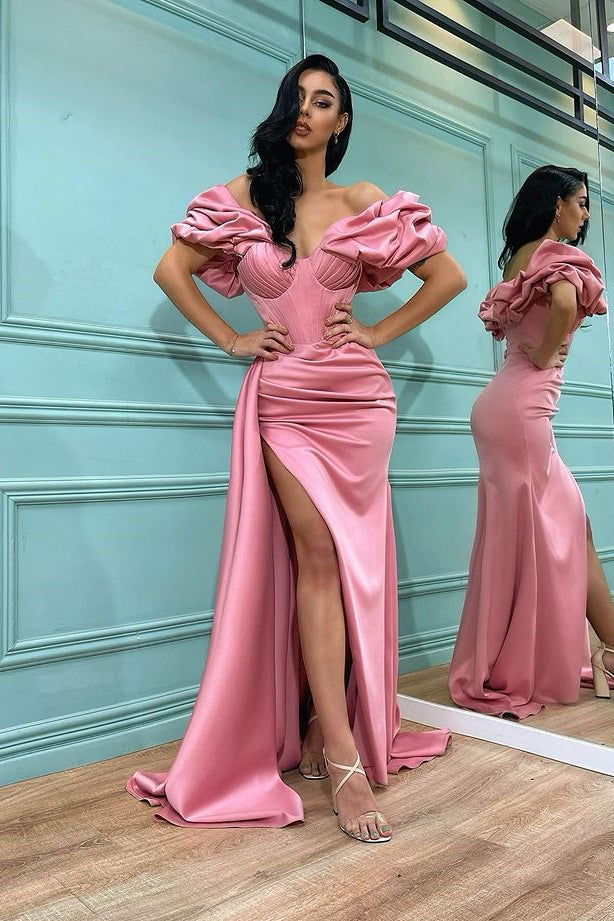 Classic Pink Off-the-Shoulder Split Prom Dress Long Mermaid-BallBride