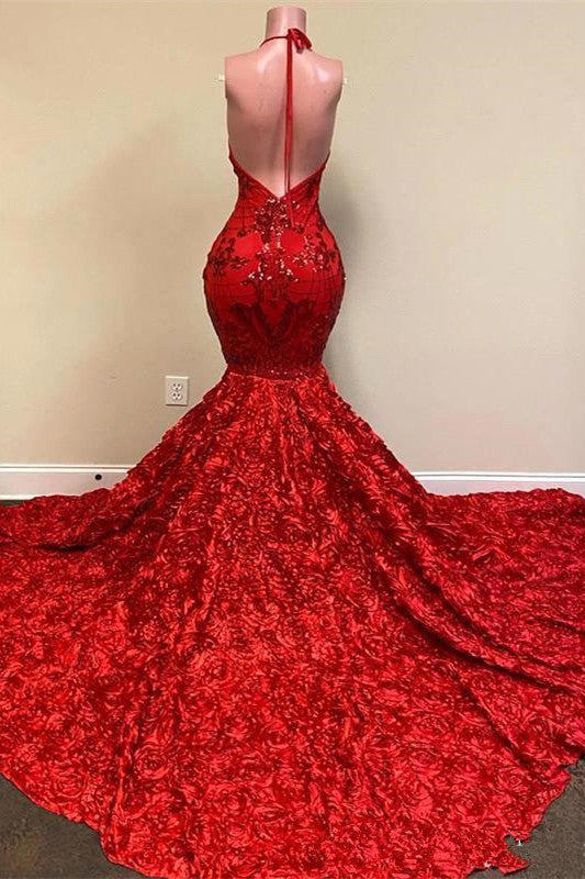 Classic Red Prom Dress with Spaghetti-Straps and Sequins Flowers Bottom-BallBride