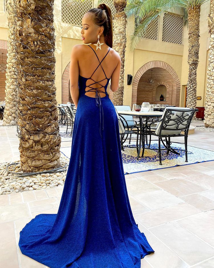 Classic Royal Blue Mermaid Evening Dress with Spaghetti-Straps and Split-BallBride