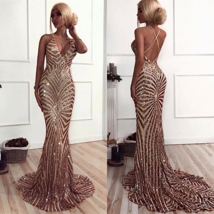 Classic Sequined Mermaid Evening Dress with V-Neck Spaghetti-Straps.-BallBride