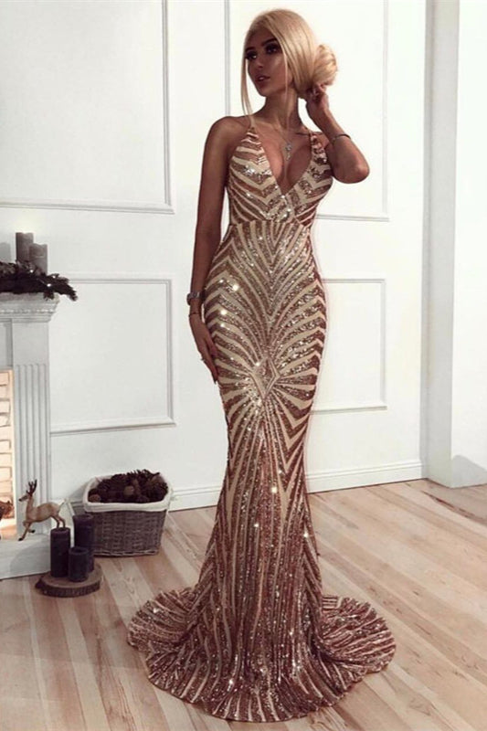 Classic Sequined Mermaid Evening Dress with V-Neck Spaghetti-Straps.-BallBride