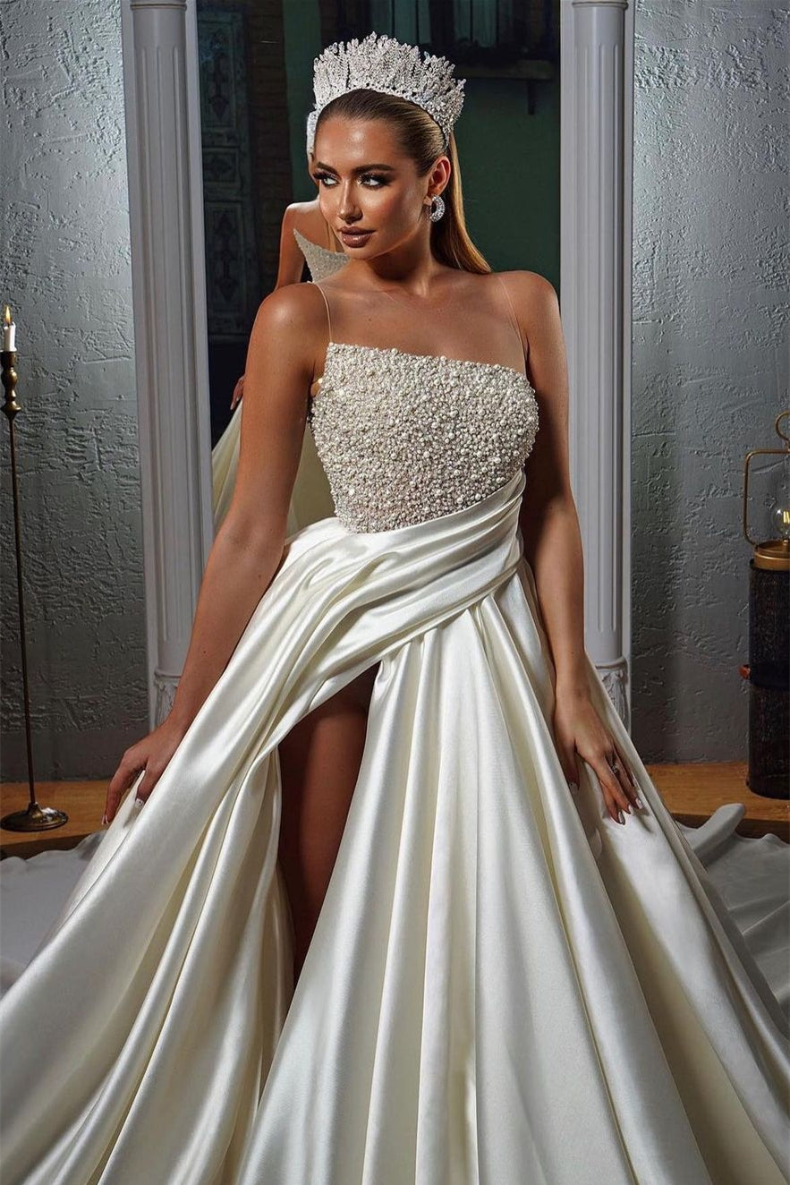 Classic Sleeveless Long Wedding Dress with Pearls and Sheer Slit Top-BallBride