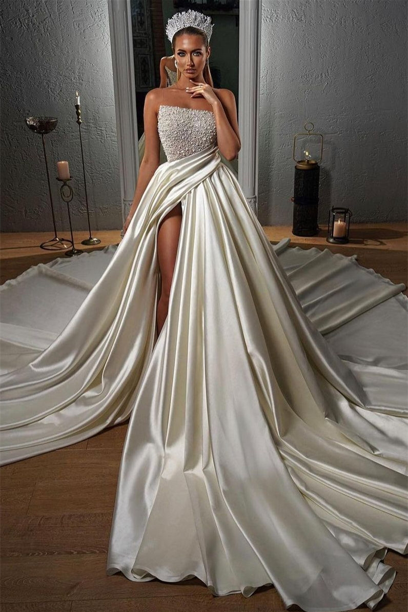 Classic Sleeveless Long Wedding Dress with Pearls and Sheer Slit Top-BallBride