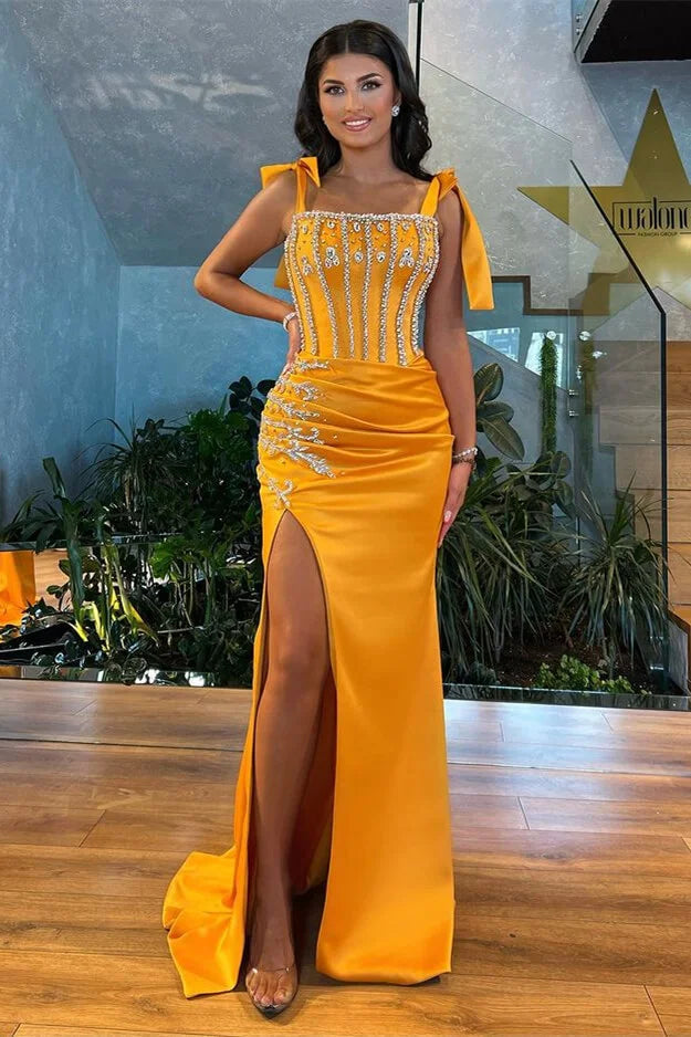 Classic Straps Square Mermaid Evening Party Gowns Slit With Beadings Sleeveless-BallBride