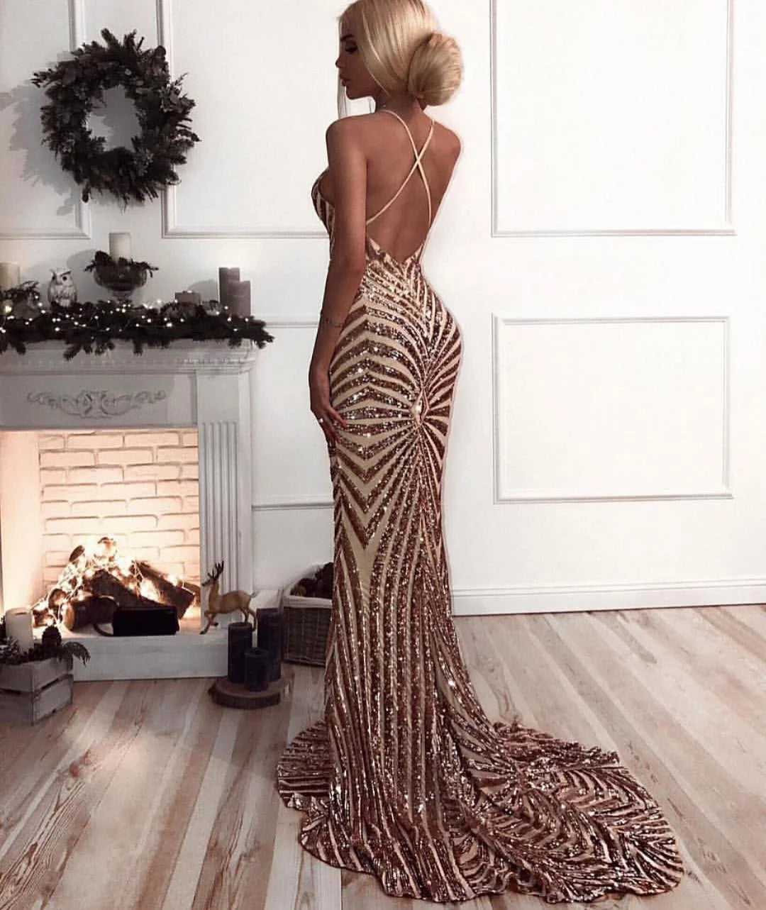Classic V-Neck Spaghetti-Straps Sequined Mermaid Evening Dress Long-BallBride