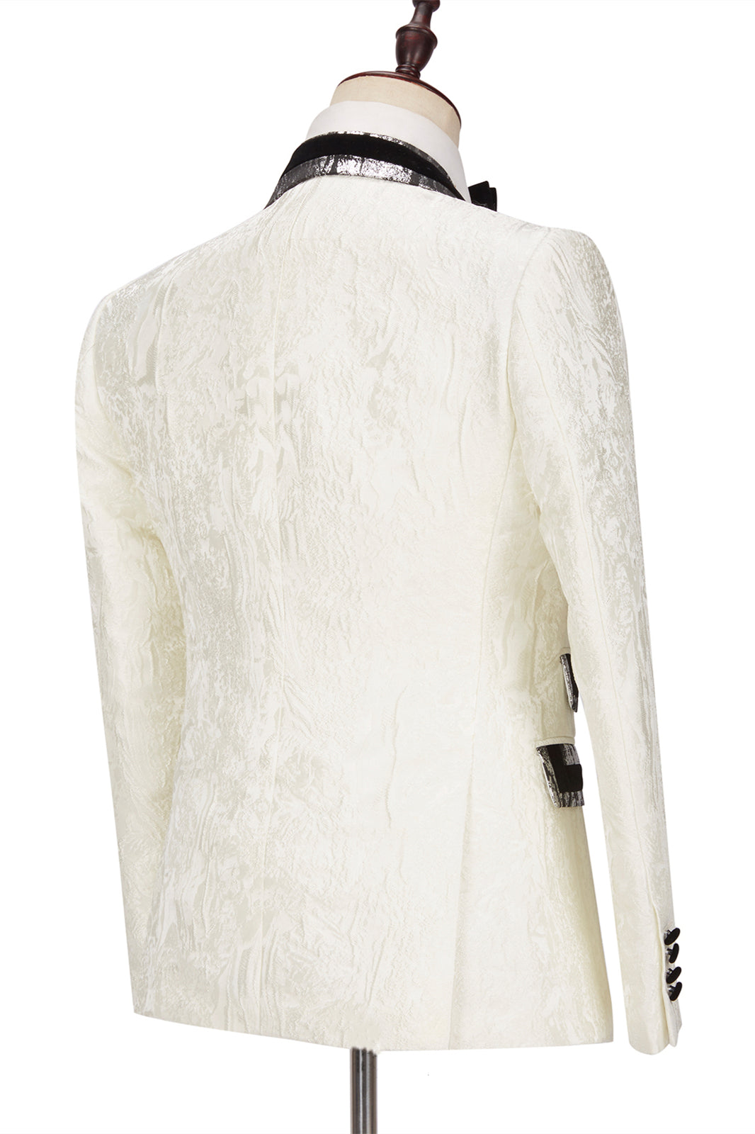 Classic White Jacquard Silver Gray Lapel Flaps Men's Suit with Black Banding Edge-BallBride