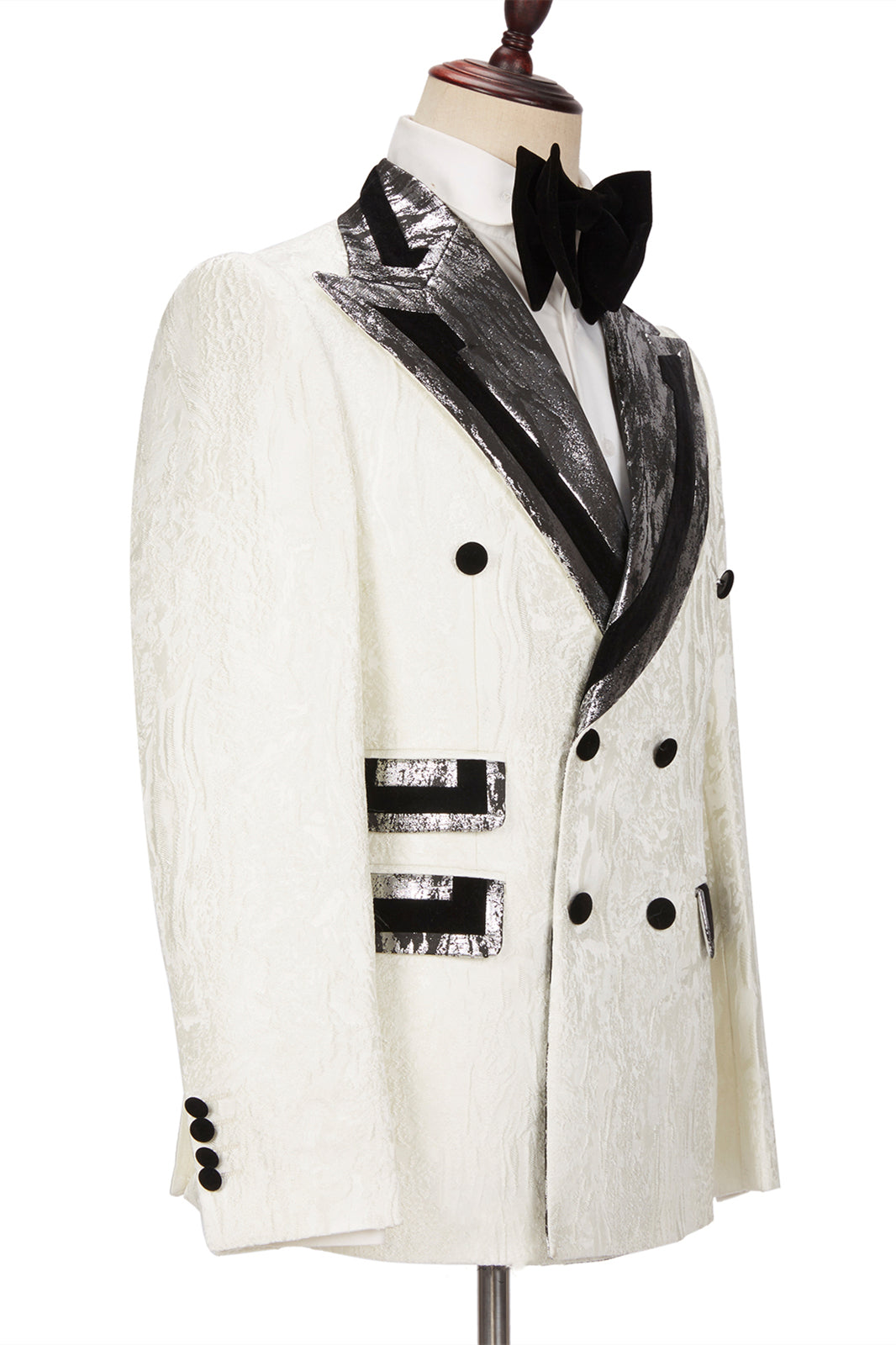 Classic White Jacquard Silver Gray Lapel Flaps Men's Suit with Black Banding Edge-BallBride