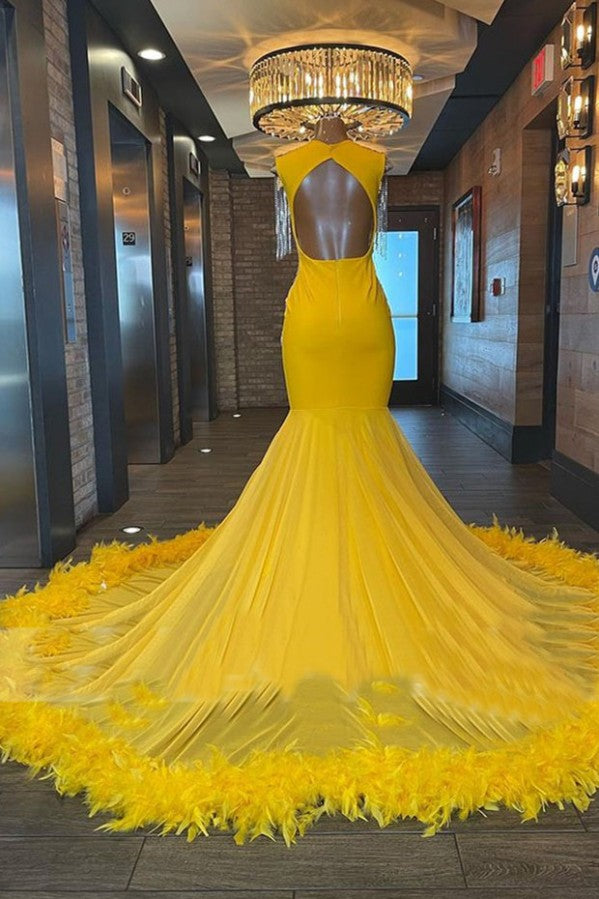 Classic Yellow Long Mermaid V-neck Backless Prom Dress with Tassels-BallBride