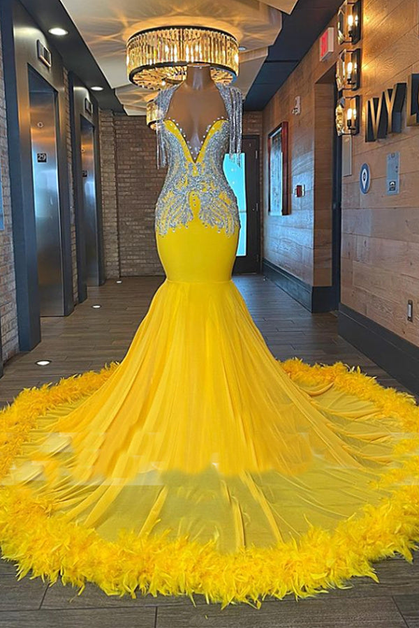 Classic Yellow Long Mermaid V-neck Backless Prom Dress with Tassels-BallBride