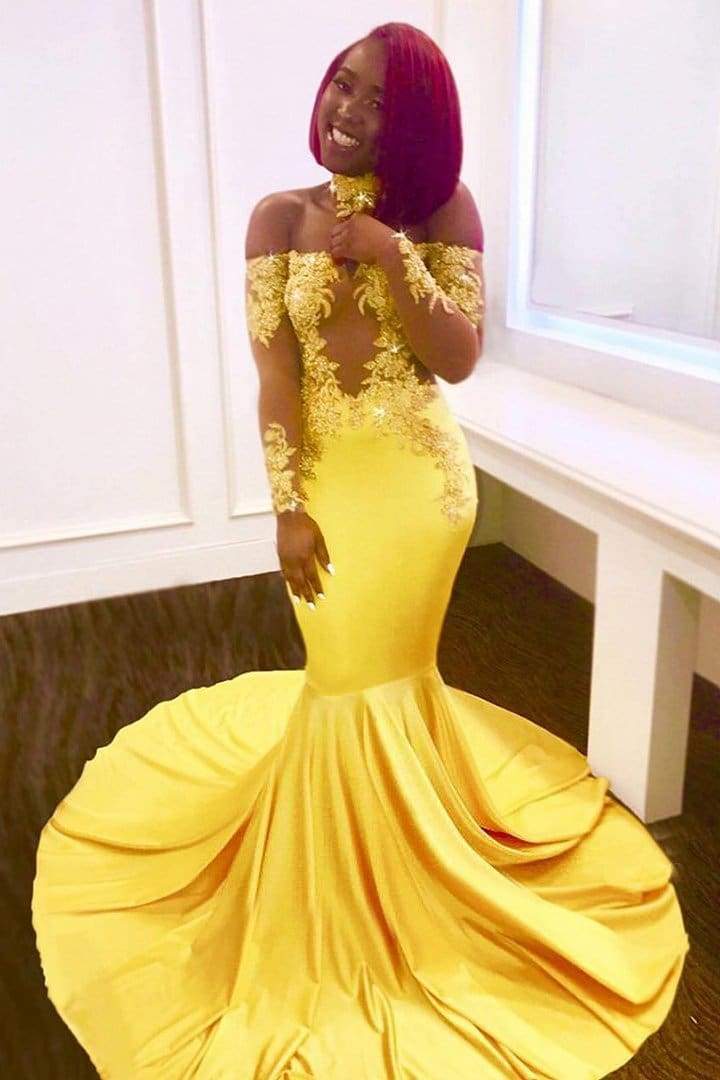 Classic Yellow Long Sleeves Evening Gown with Lace Appliques-BallBride