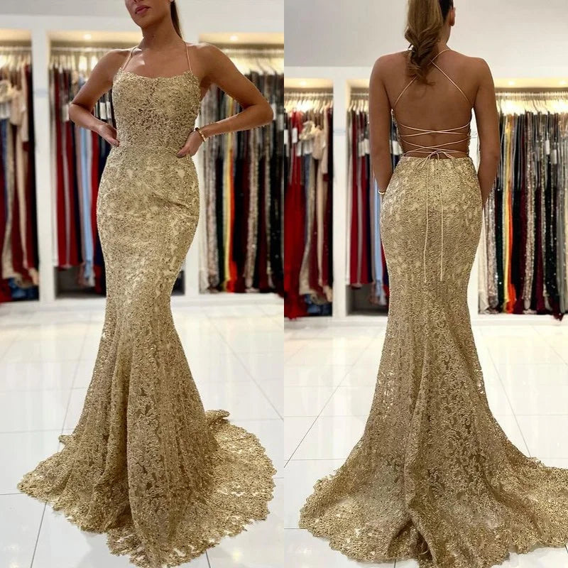 ClassicGold Appliques Lace Mermaid Evening Dress Long Spaghetti-Straps-BallBride