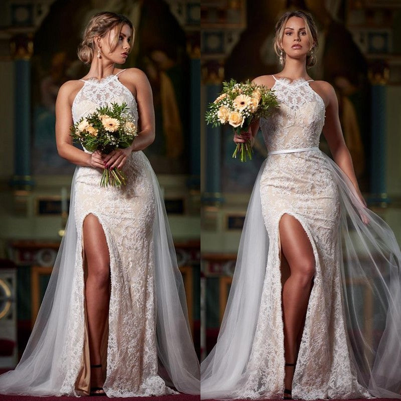ClassicHalter Lace Mermaid Wedding Dress with Slit Ruffles-BallBride
