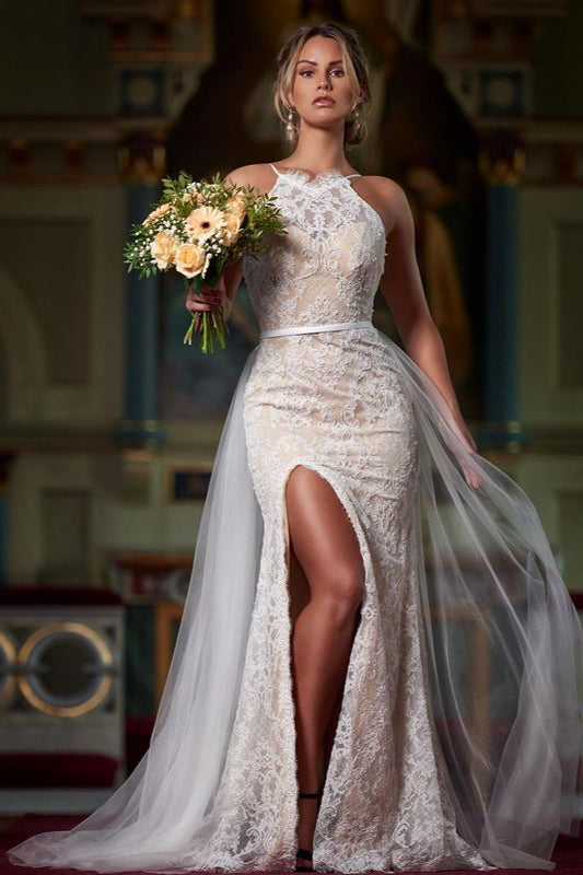 ClassicHalter Lace Mermaid Wedding Dress with Slit Ruffles-BallBride
