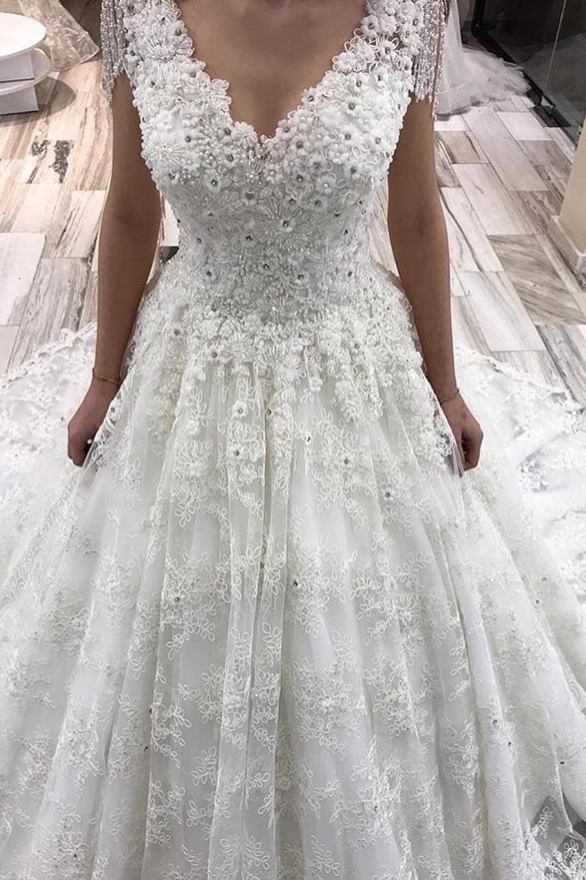 Classy A-Line Deep V-neck Crystal Floor-length Wedding Dress with Appliques Lace-BallBride