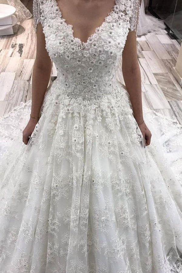 Classy A-Line Deep V-neck Crystal Floor-length Wedding Dress with Appliques Lace-BallBride