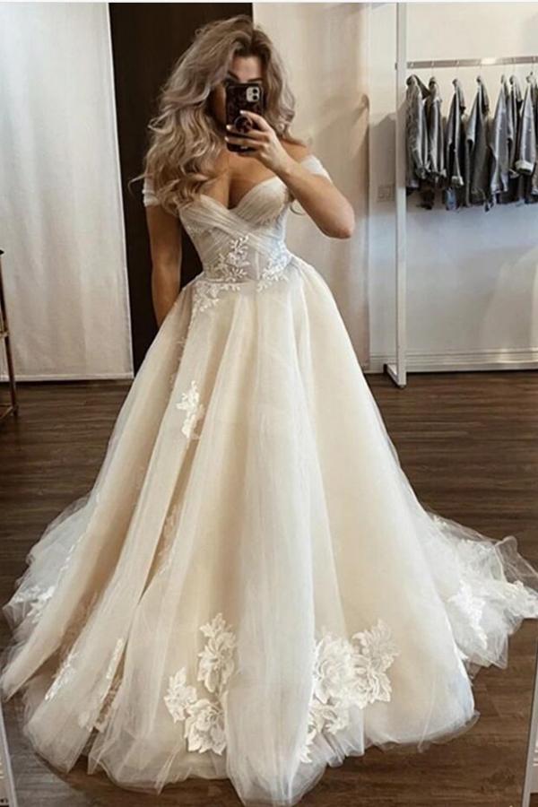 Classy A-line Off-the-shoulder Wedding Dress with Tulle Lace-BallBride
