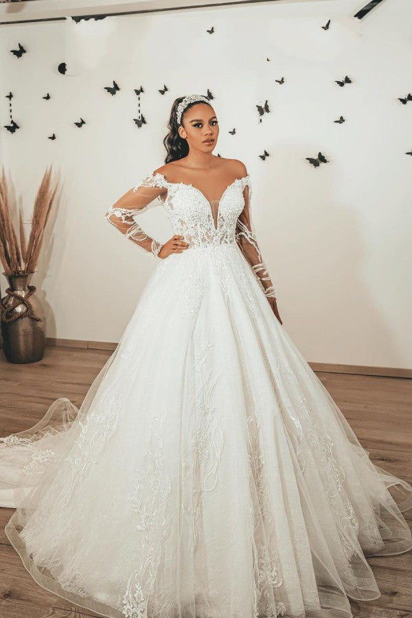 Classy A-Line Sweetheart Long Sleeves Floor-length Tulle Wedding Dress With Appliques Lace-BallBride