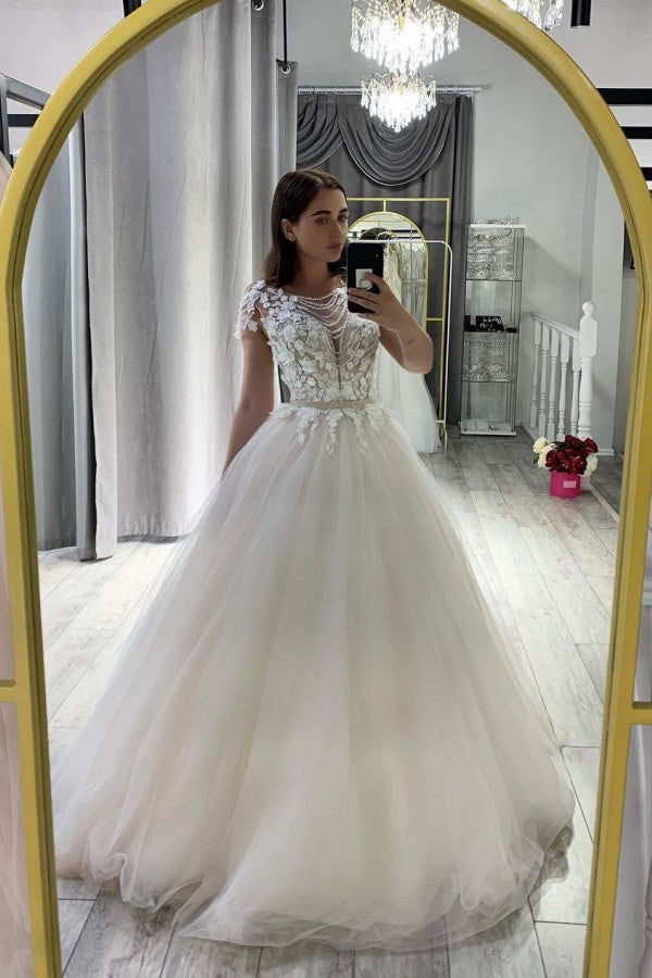 Classy A-Line Tulle Wedding Dress With Appliques Lace & Bowknot Sash-BallBride