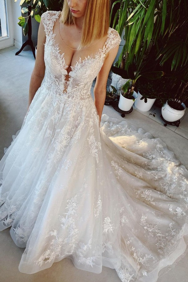 Classy A-Line Wedding Dress with Backless Church Train and Appliques Lace-BallBride