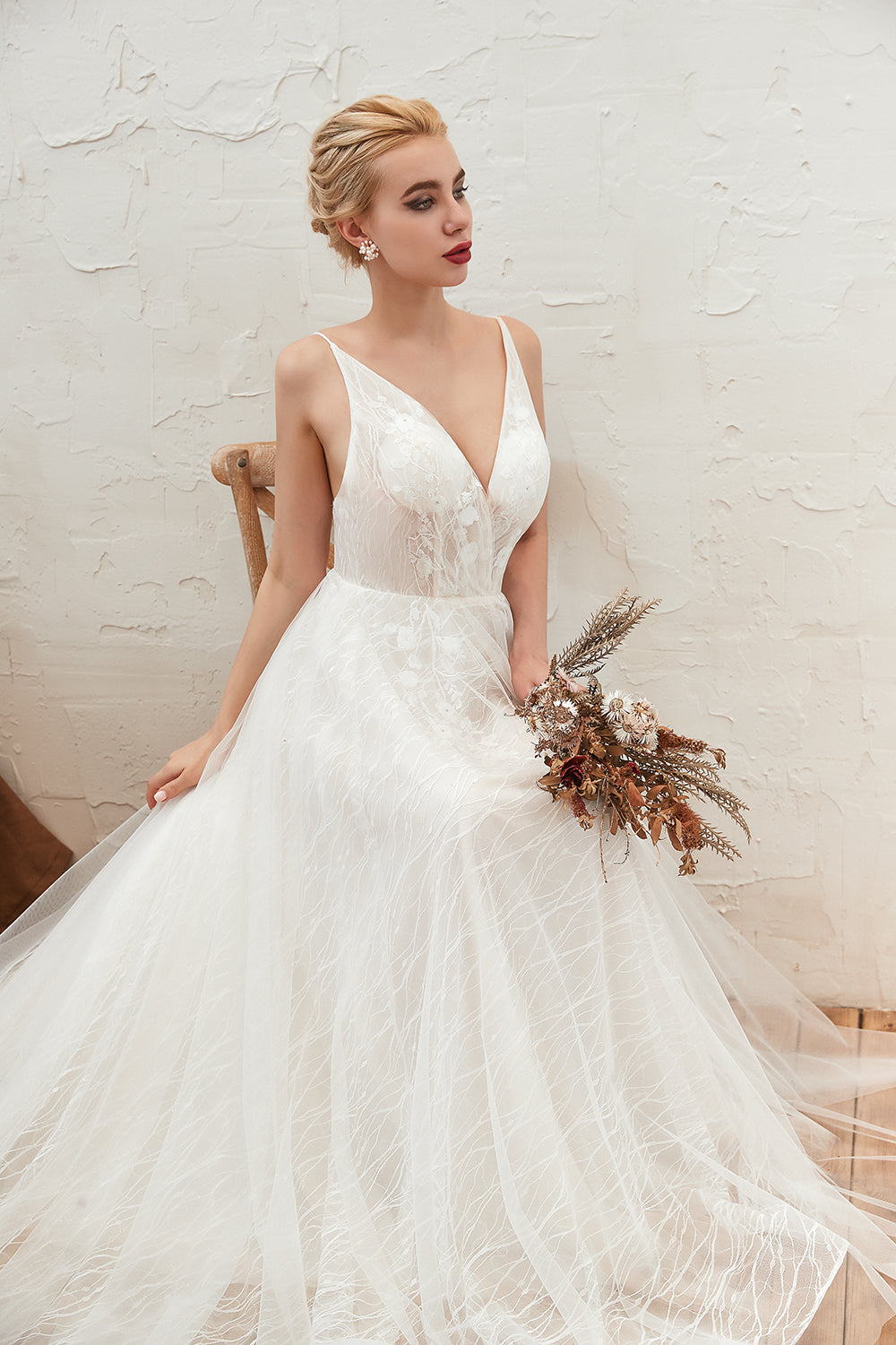 Classy A-Line Wedding Dress With Deep V-neck, Open Back and Lace Tulle Floor-length-BallBride