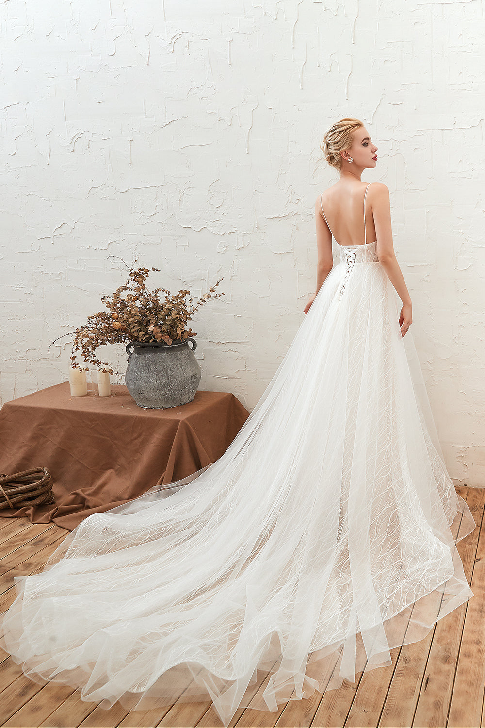 Classy A-Line Wedding Dress With Deep V-neck, Open Back and Lace Tulle Floor-length-BallBride